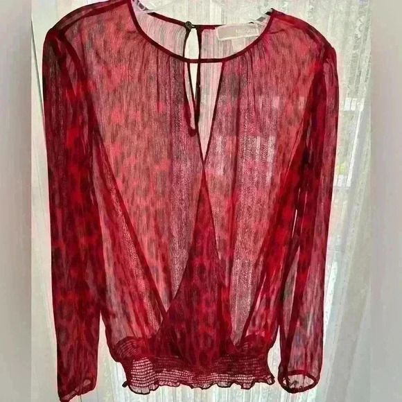 Michael Kors Semi Sheer Red Leopard Animal Print Elastic Waist Wrap Front Sz XS - Picture 2 of 9